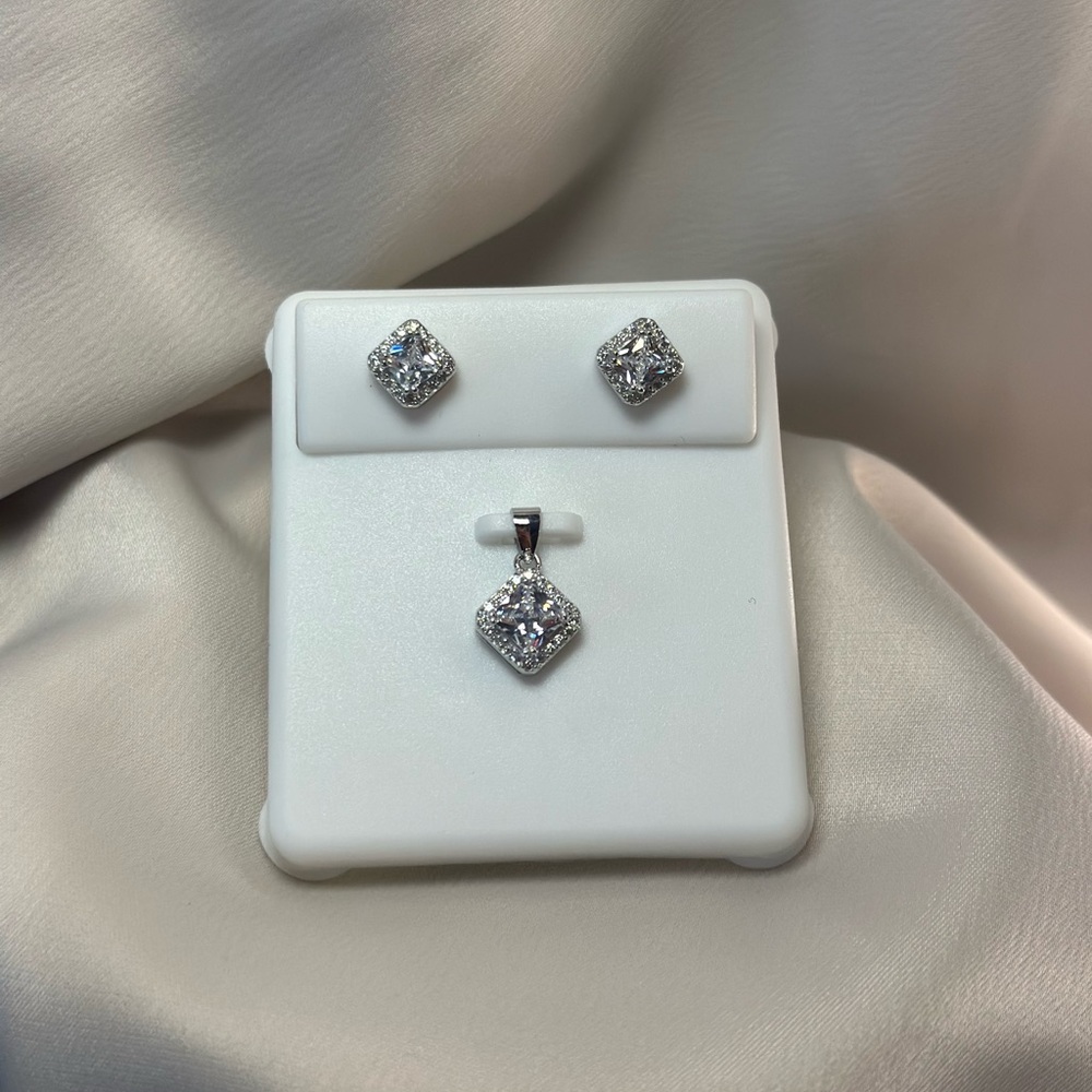 Sterling Silver White Cubic Zirconia Pendant and Stud Earrings Set